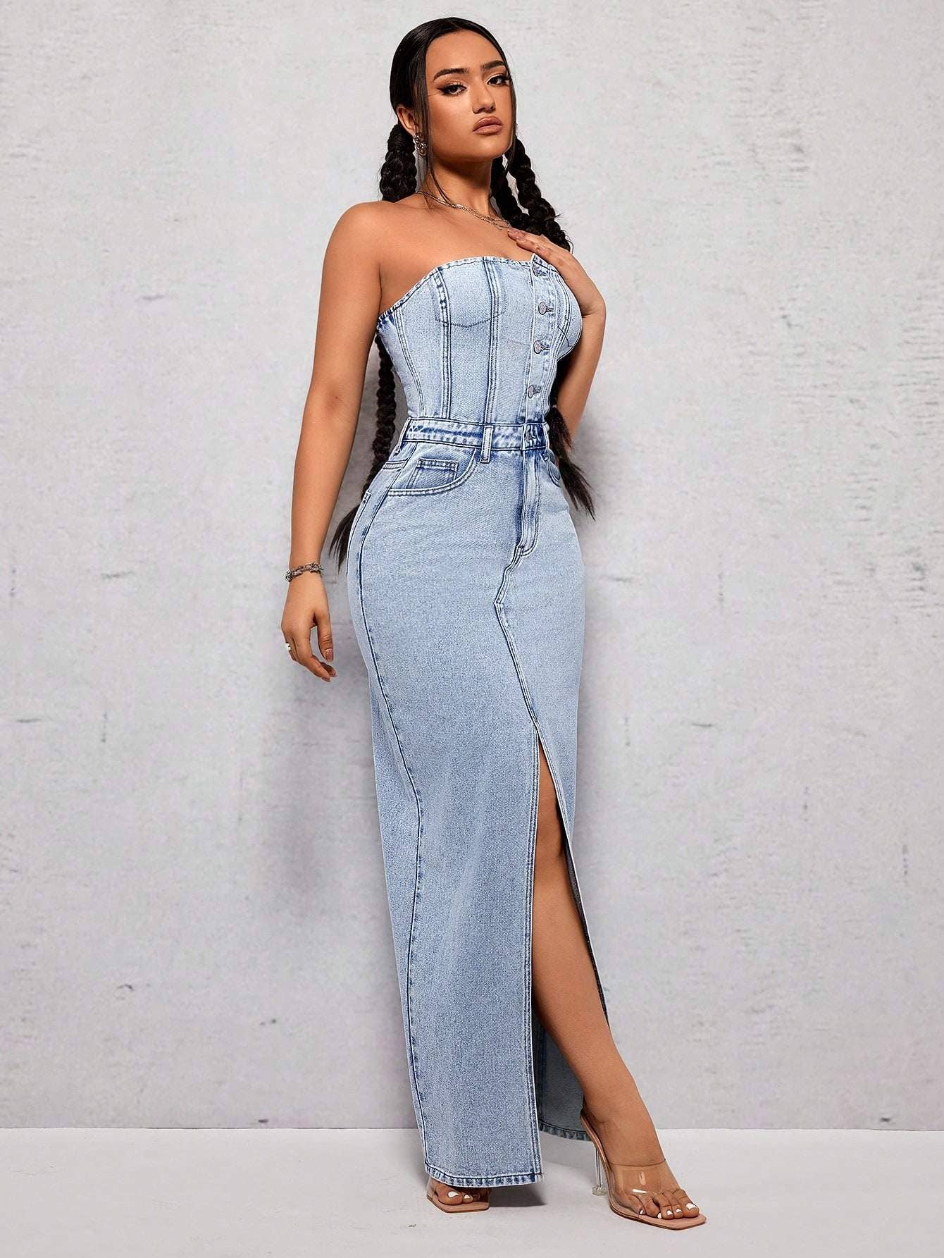 Strapless High Slit Denim Dress Bossy Tingz! Strapless High Slit Denim Dress Bossy Tingz!
